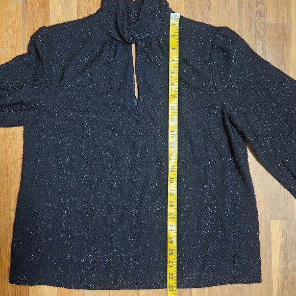 Nine West Blouse Small Black Metallic Long‎ Sleeve Keyhole Mock Neck Top Office - Picture 11 of 15